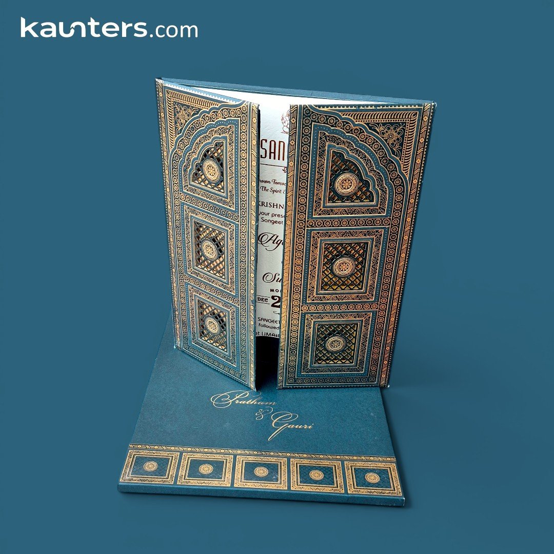 Royal Peacock Teal Blue Door Opening Style Wedding Invitation Card - 1728GR