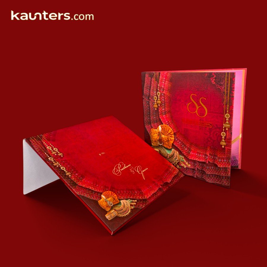 Royal Book Opening Style Deep Crimson Red Traditional Hindu & Indian Wedding Invitation Card - R701