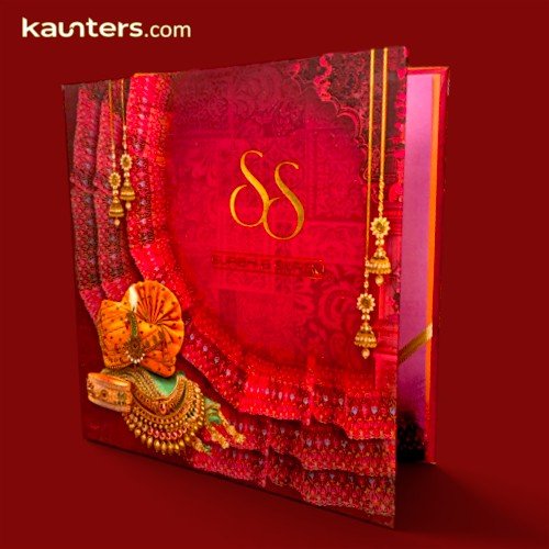 Royal Book Opening Style Deep Crimson Red Traditional Hindu & Indian Wedding Invitation Card - R701