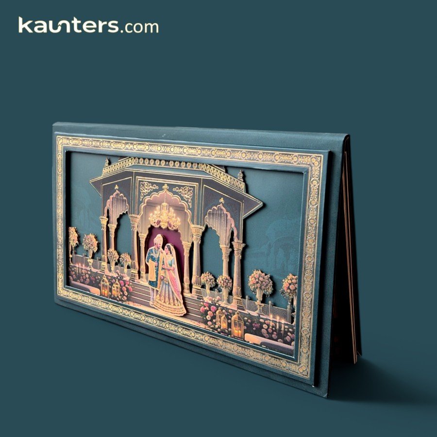 Royal Book Opening Style Peacock Blue 3D Hindu Bride & Groom Couple Caricature Wedding Invitation Card - 708