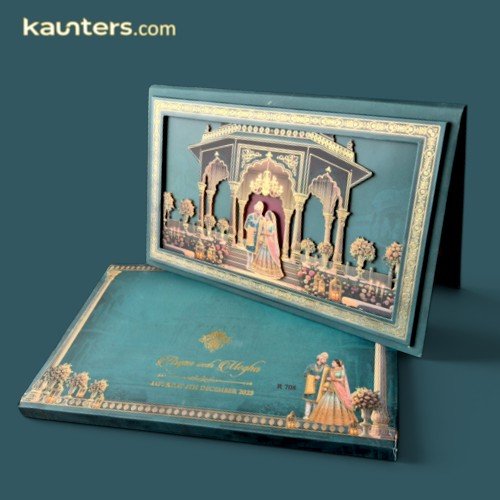 Royal Book Opening Style Peacock Blue 3D Hindu Bride & Groom Couple Caricature Wedding Invitation Card - 708