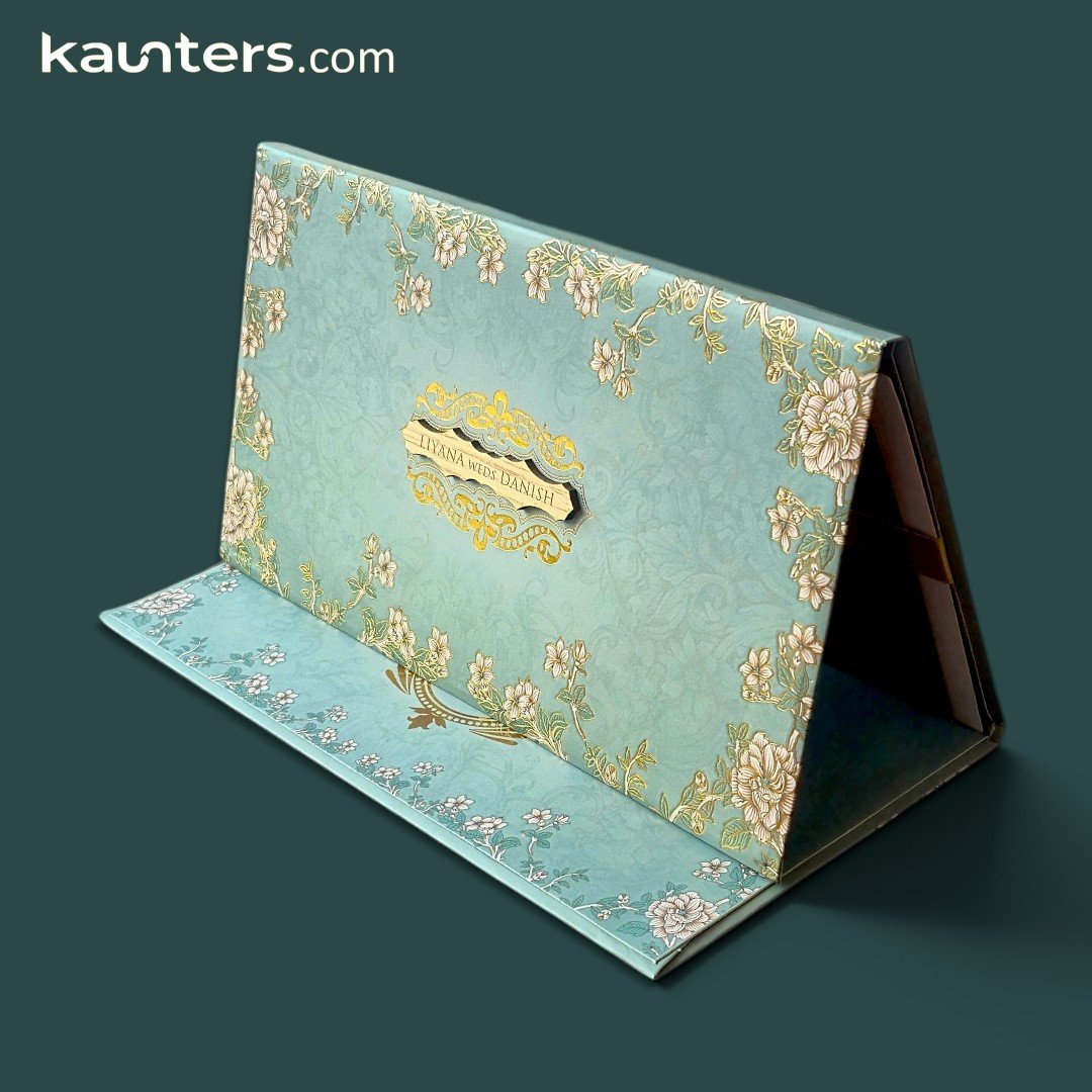 Royal Tablet Style Tabletop Style Mint Aqua Green Floral Wedding Invitation Card for All Religions - VN746
