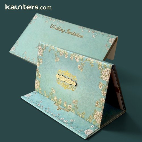 Royal Tablet Style Tabletop Style Mint Aqua Green Floral Wedding Invitation Card for All Religions - VN746