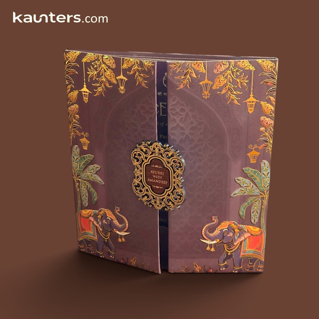 Royal Door Opening Style Chocolate Brown Elephant Theme Indian & Hindu Wedding Invitation Card VN798