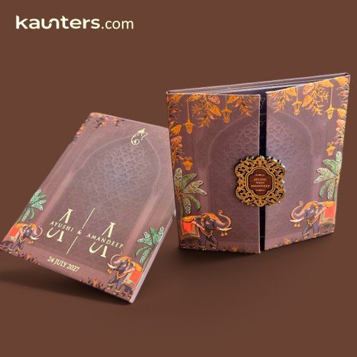 Royal Door Opening Style Chocolate Brown Elephant Theme Indian & Hindu Wedding Invitation Card VN798